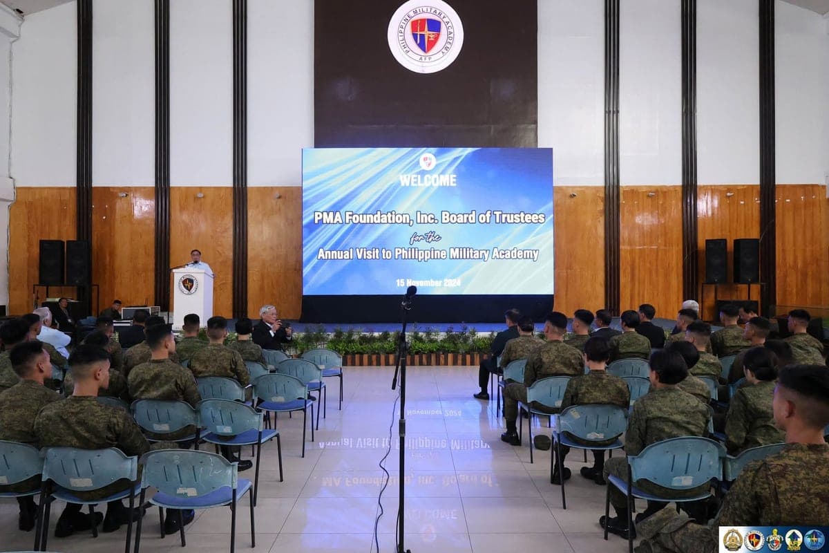 Cadets of the Philippine Military Academy seated in the assembly hall as the Foundation's Board of Trustees addresses them.